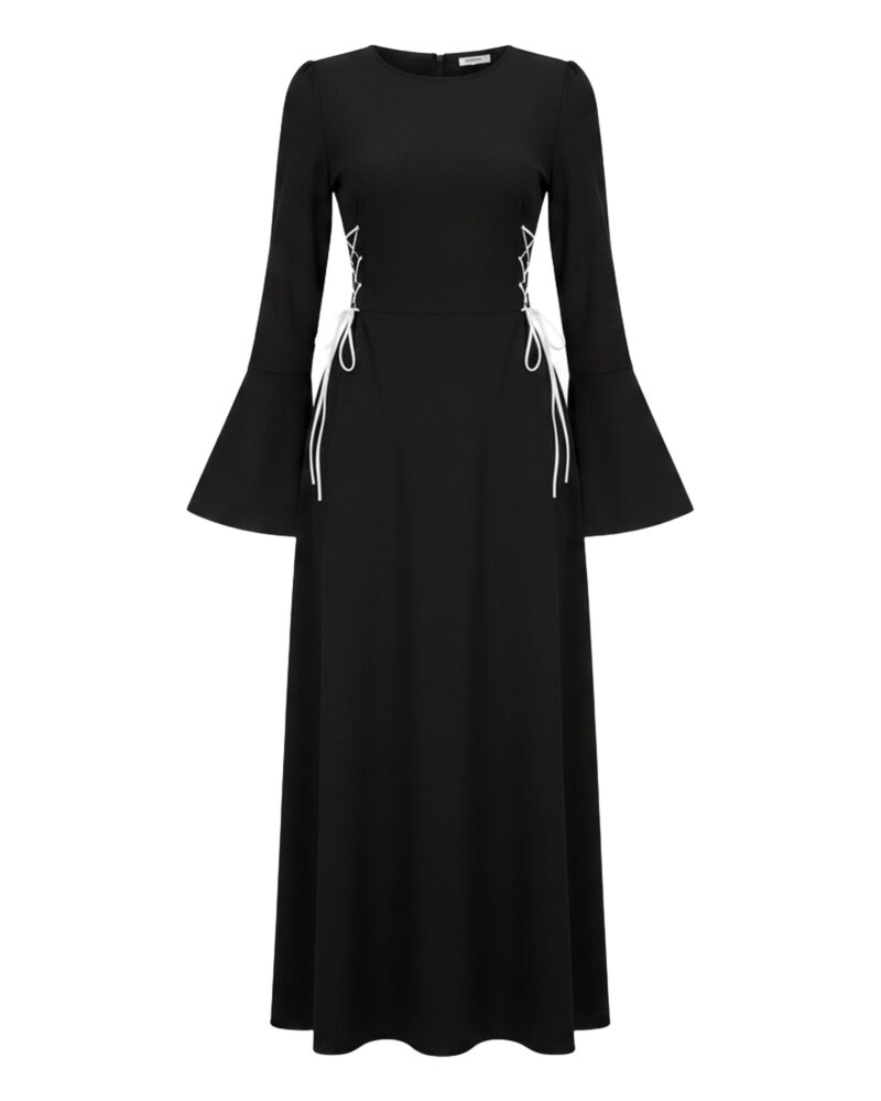 Aagje black bell-sleeve lace-up maxi dress, front view (AI visualisation)