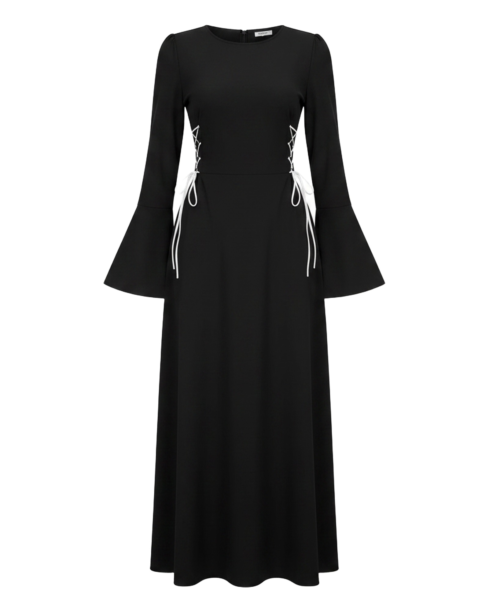 Aagje black bell-sleeve lace-up maxi dress, front view (AI visualisation)