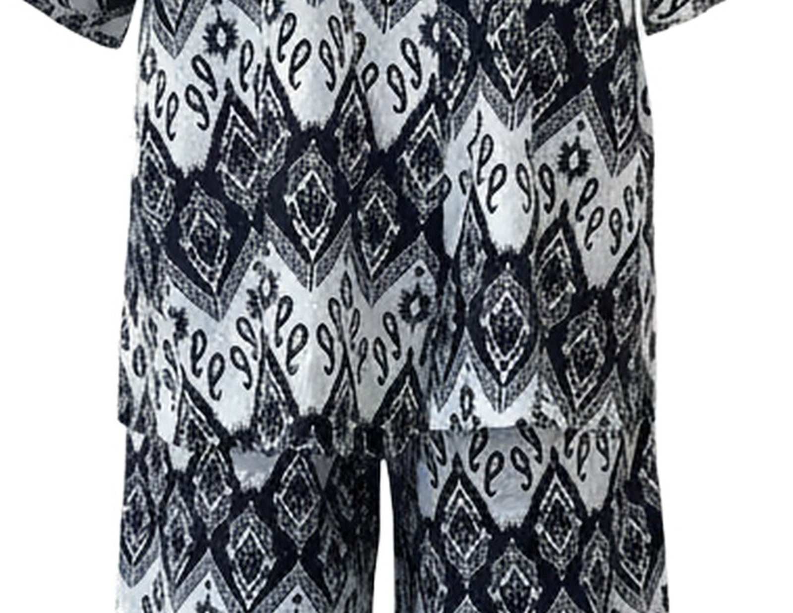 Aaltje printed kimono cardigan and trouser set — stofdetail (AI-visualisatie)