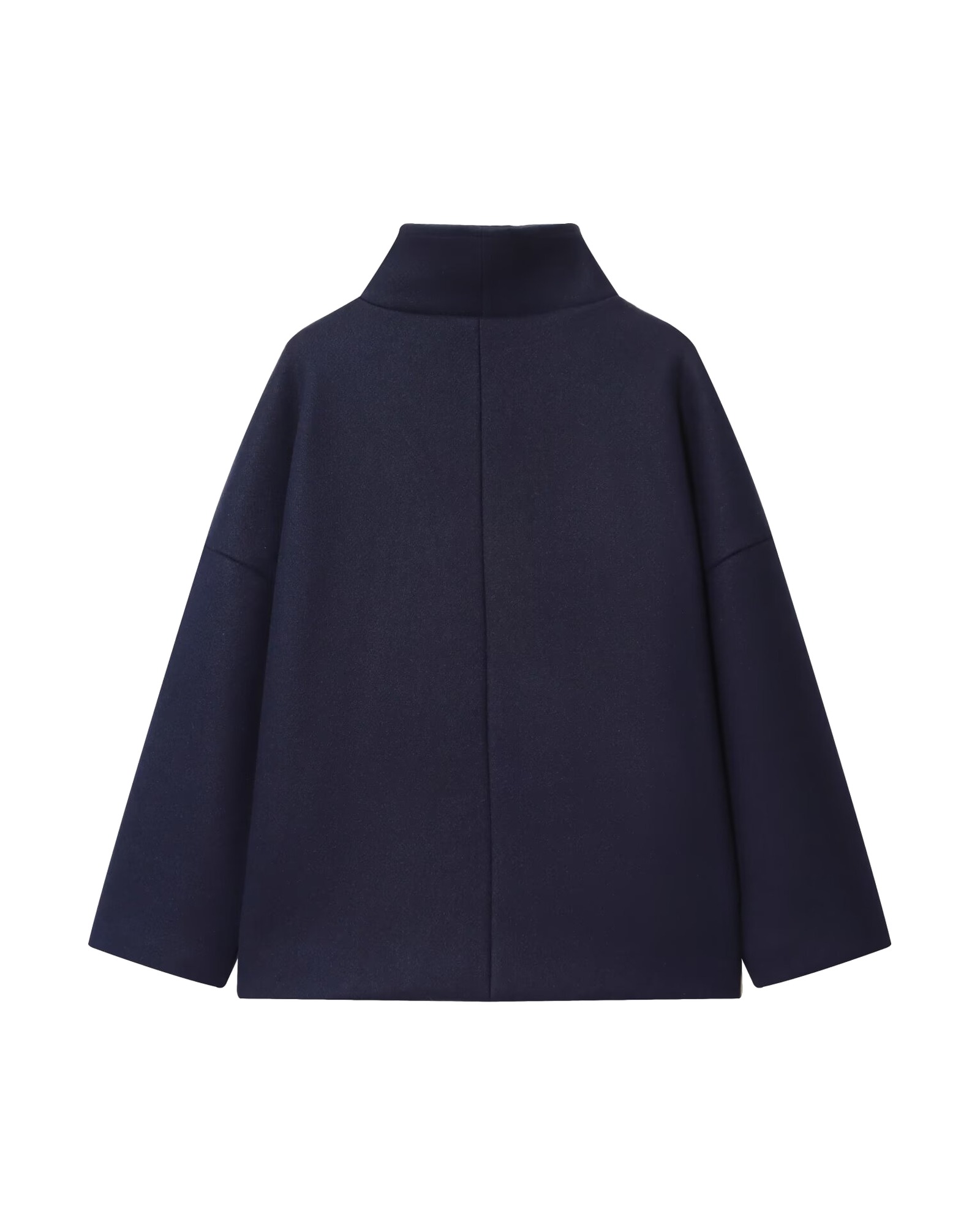 Aleida navy relaxed double-breasted wool coat, back view with high stand collar — product photo