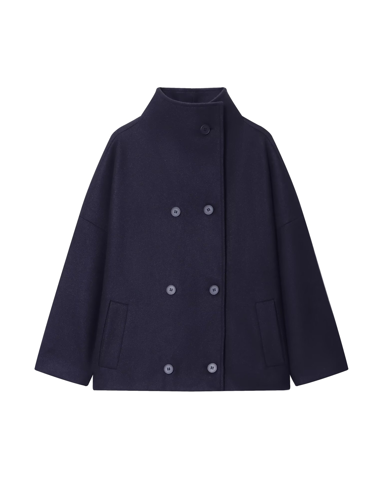 Aleida navy relaxed double-breasted wool coat with high stand collar, front view — product photo