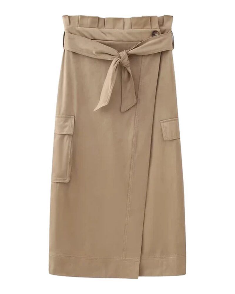 Anke khaki paperbag-waist tie-belt midi skirt, front view — product photo