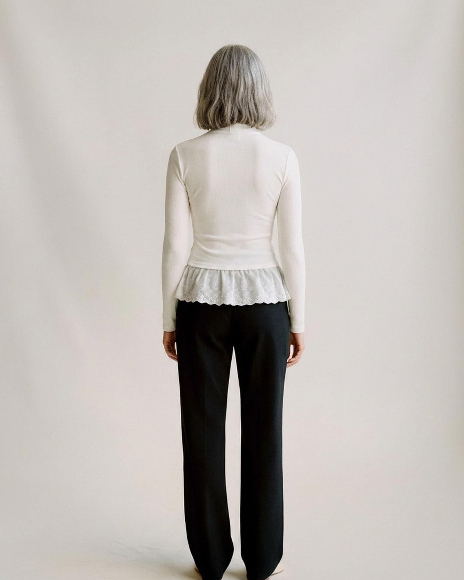 Annelies · High-neck long-sleeve top with lace detail — on model, back (AI visualisation)