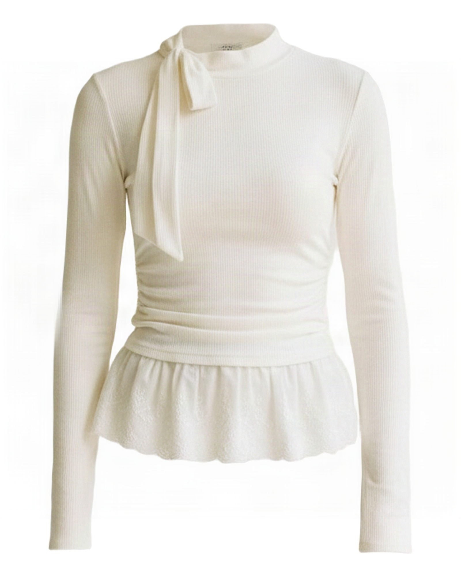 Annelies high-neck lace-hem top — product front (AI visualisation)