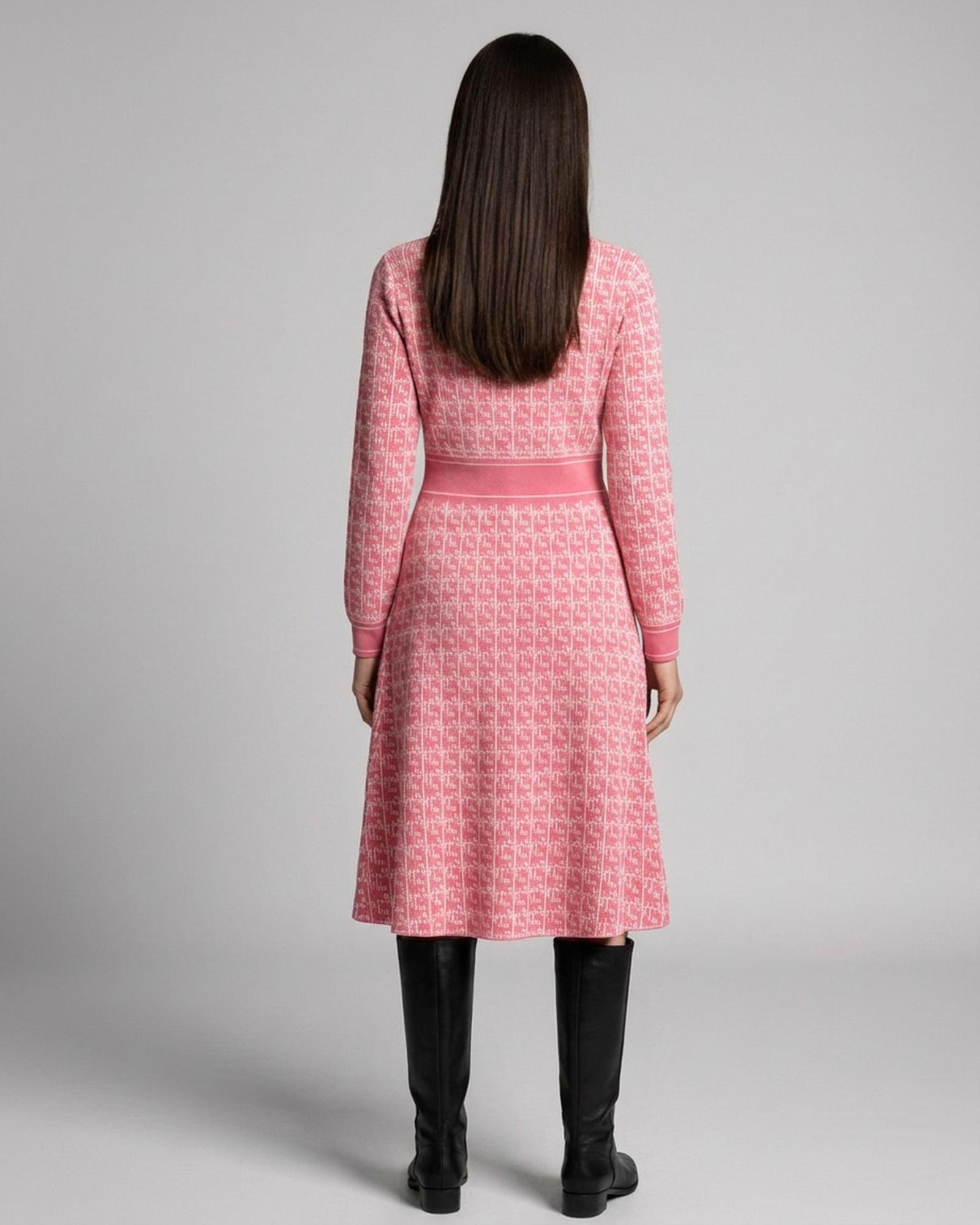 Ans roze tweed A-lijn gebreide jurk — model-achteraanzicht (AI-visualisatie)