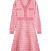 Ans pink tweed A-line knit dress with V-neck and gold buttons, front view — product photo
