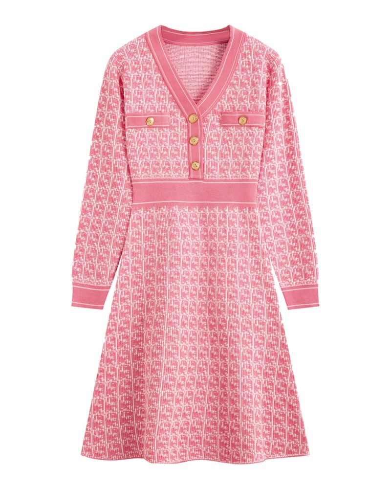 Ans pink tweed A-line knit dress with V-neck and gold buttons, front view — product photo