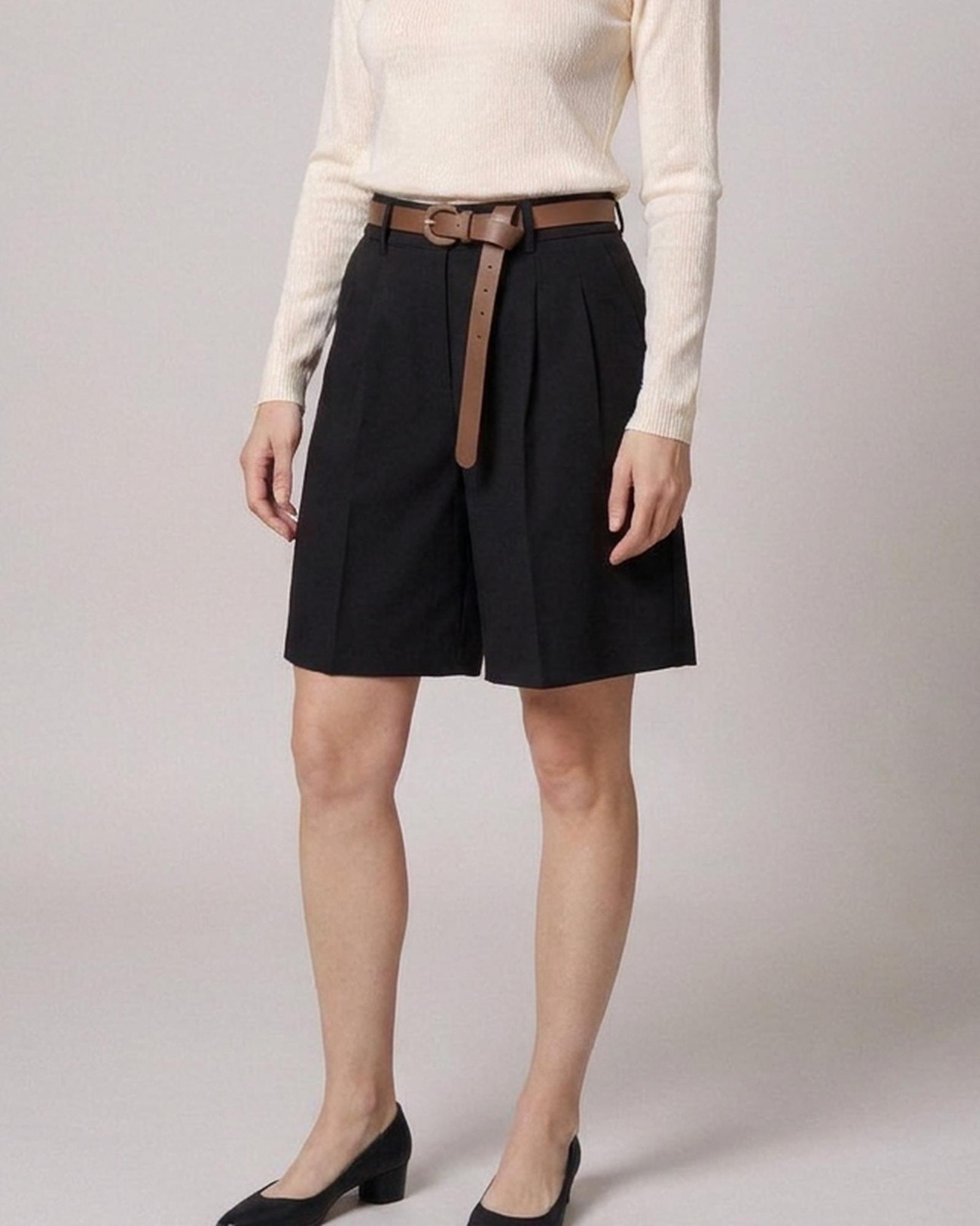 Antje · Belted A-line shorts — on model, front, Black (AI visualisation)