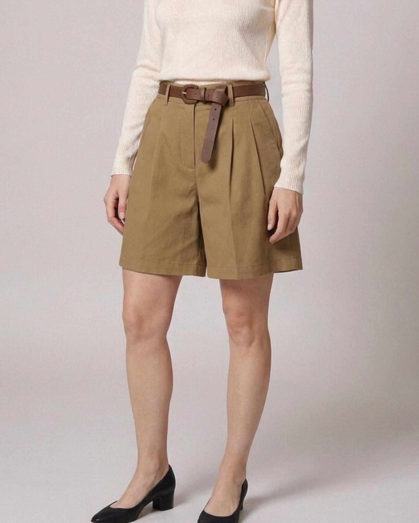 Antje · Belted A-line shorts — on model, Dark brown (AI visualisation)