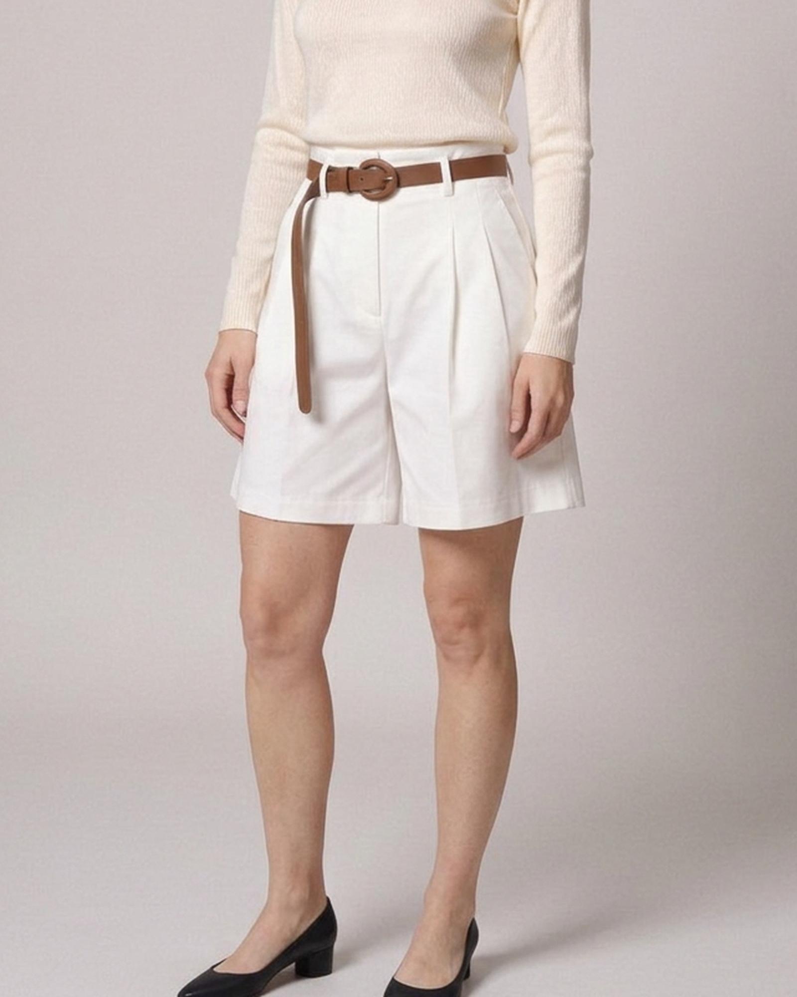 Antje · Belted A-line shorts — on model, front (AI visualisation)