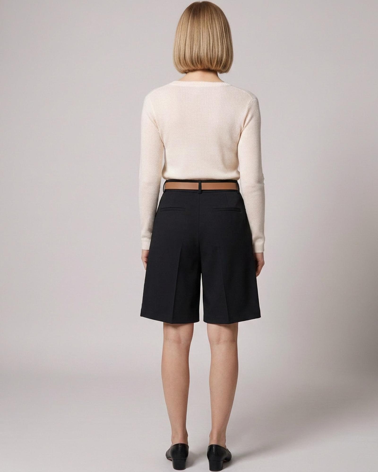 Antje · Belted A-line shorts — on model, back, Black (AI visualisation)