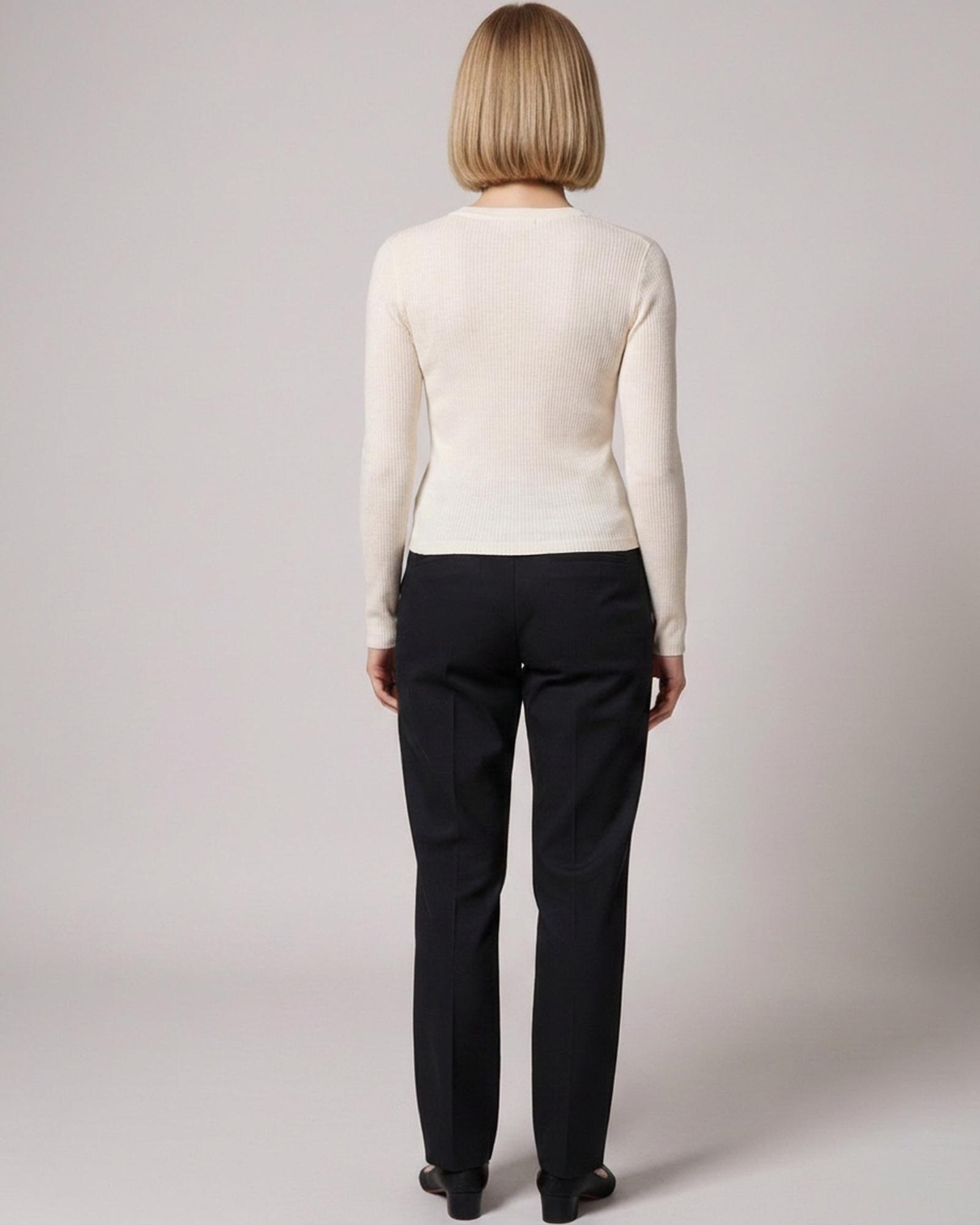 Astrid · Brushed crew-neck long-sleeve tee — on model, back (AI visualisation)