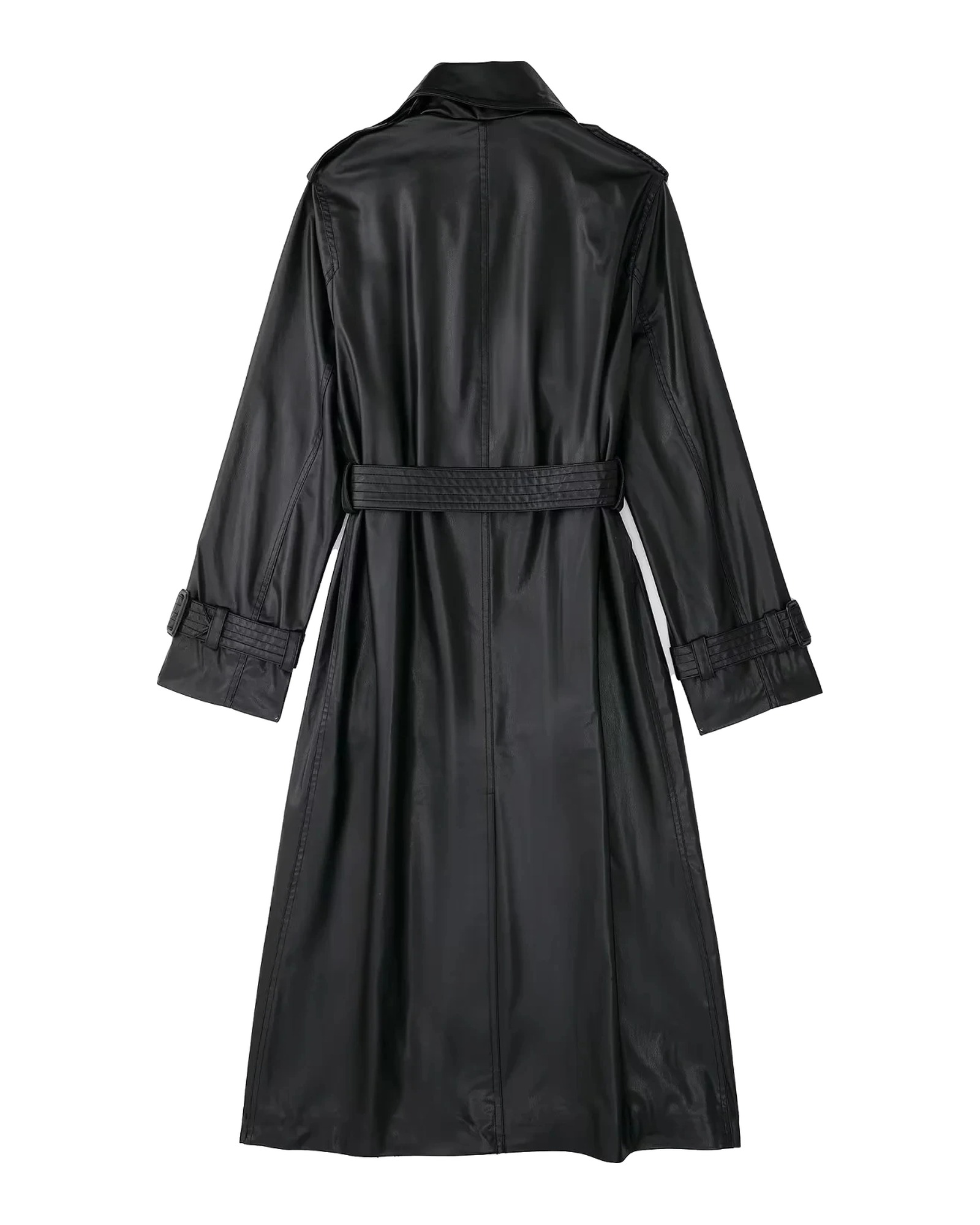 Berendina zwarte trenchcoat van imitatieleer, achterkant met taille-ceintuur — productfoto