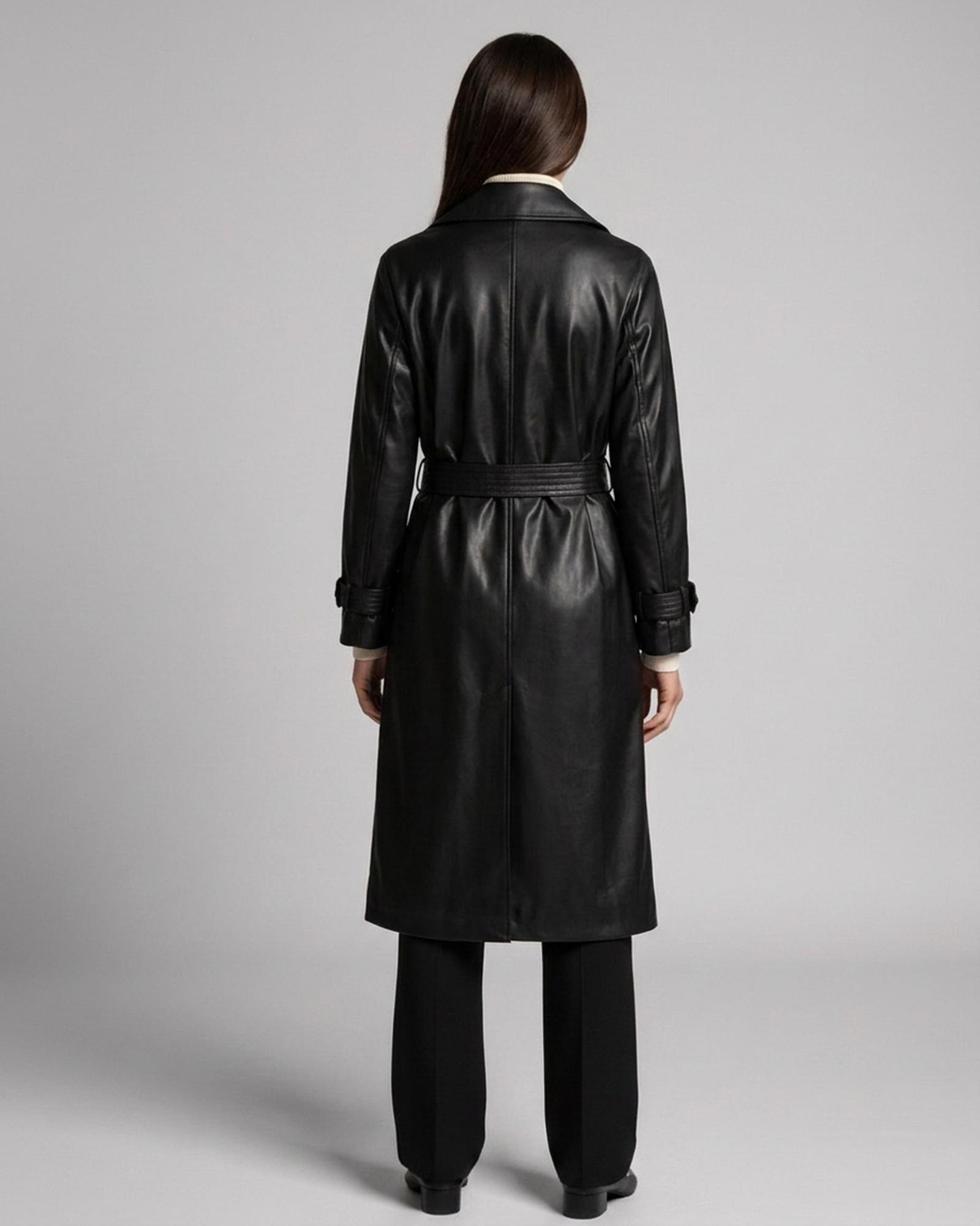Berendina zwarte imitatieleren trench — model-achteraanzicht (AI-visualisatie)