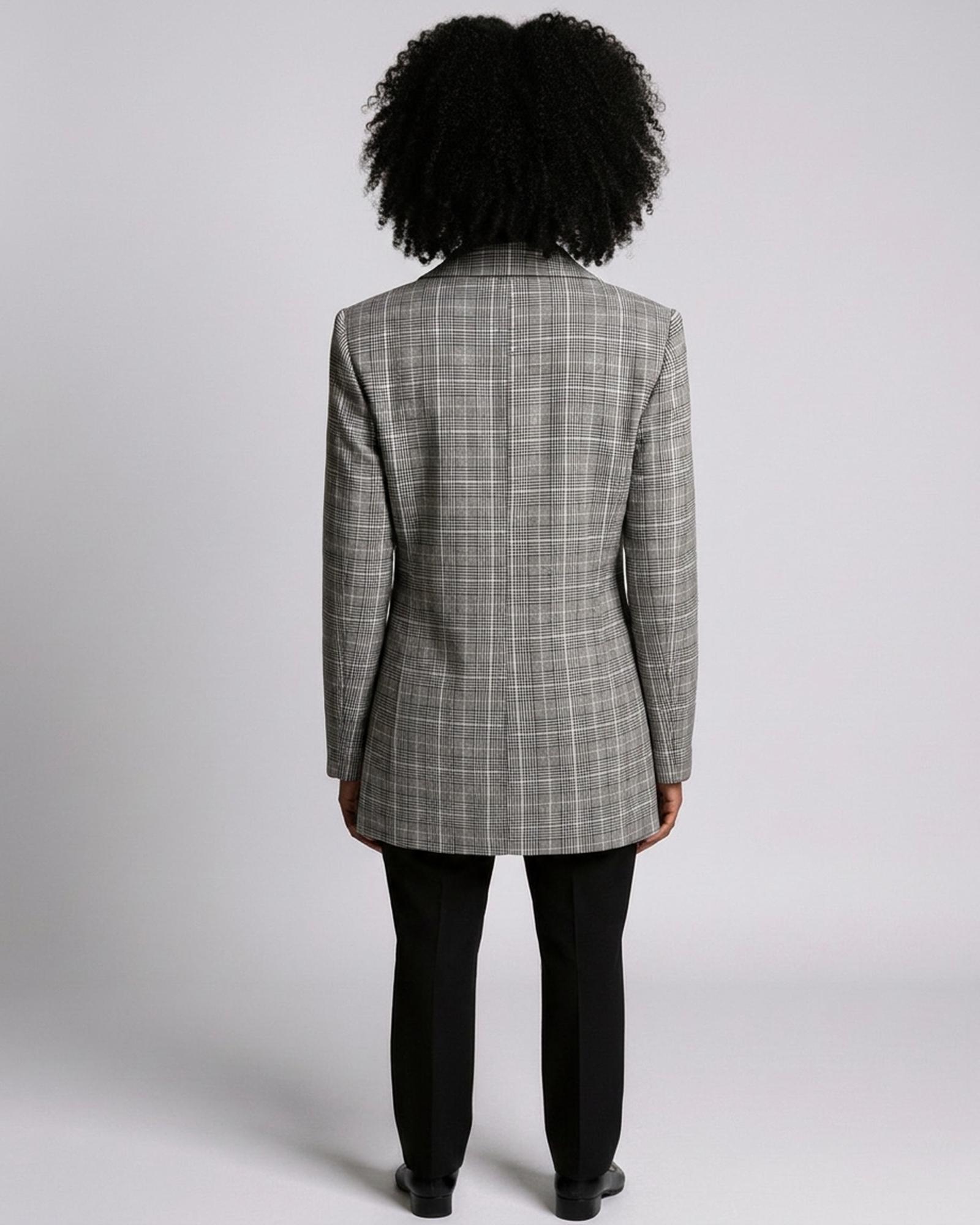 Bernadette grey plaid blazer — model back view (AI visualisation)