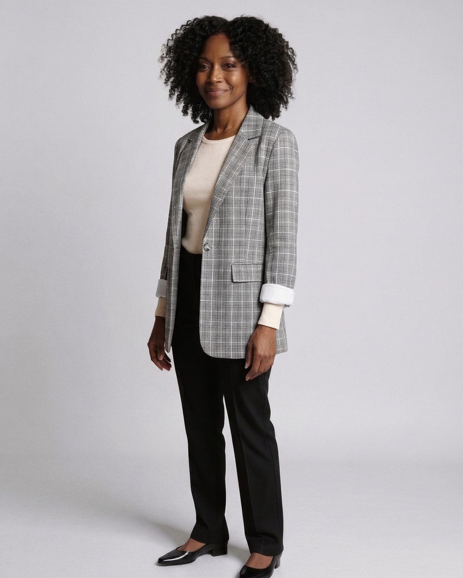 Bernadette grey glen-check prince-of-wales blazer with notch lapel and one button, three-quarter view (AI visualisation)