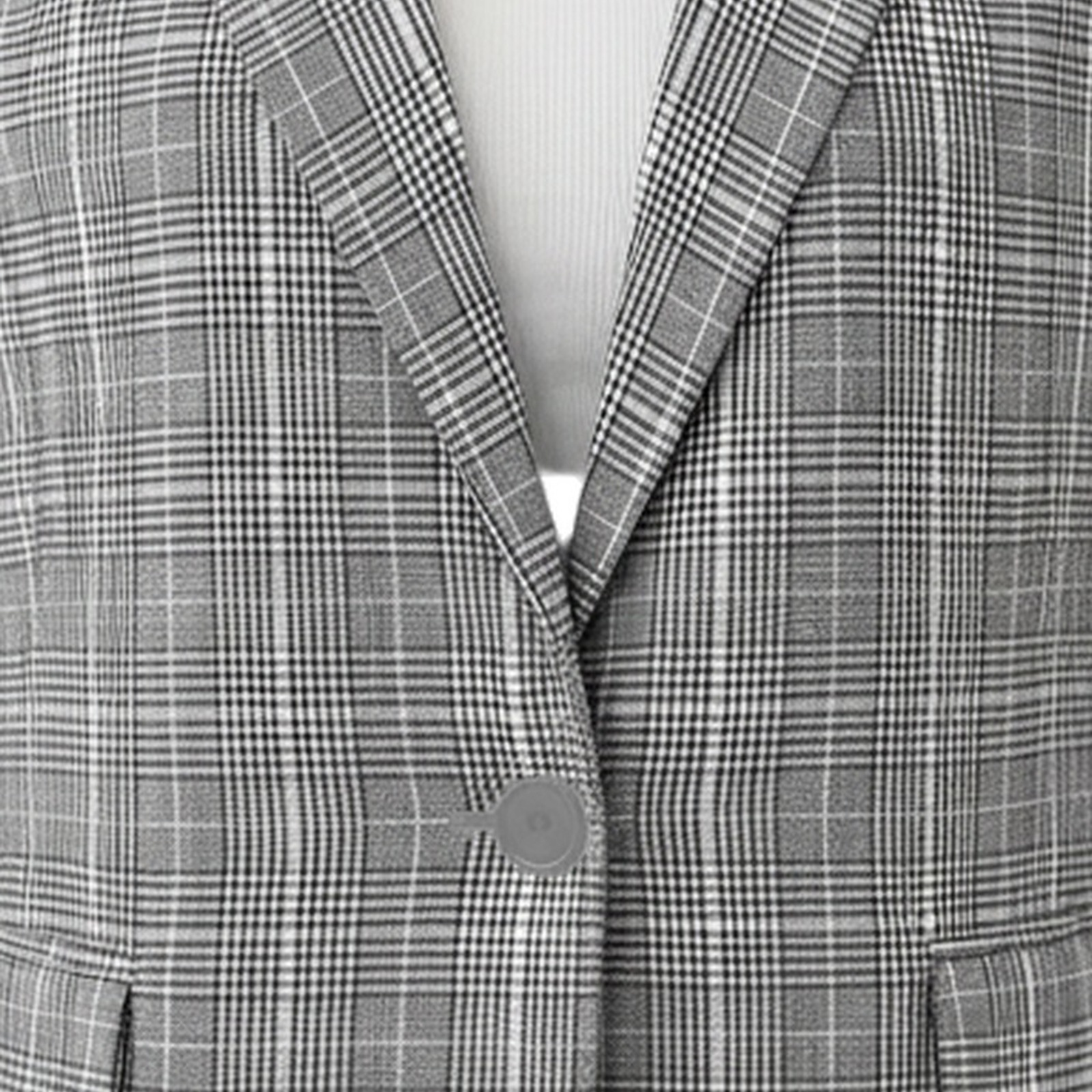 Bernadette plaid single-breasted blazer — self-fabric button and check weave detail (AI visualisation)