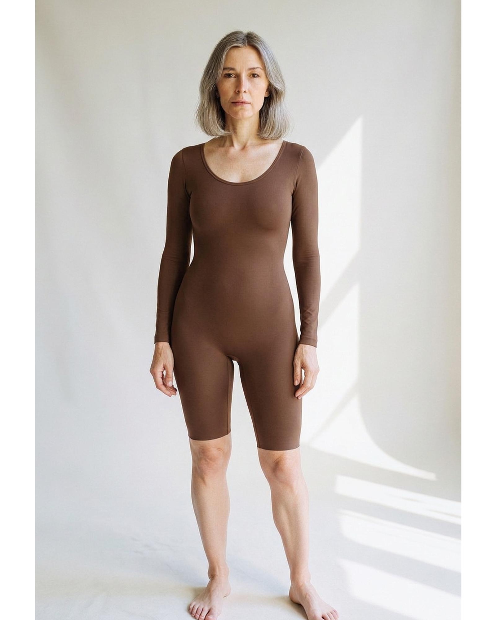 Berta · Long-sleeve shaping bodysuit – brown, worn on model (AI visualisation)