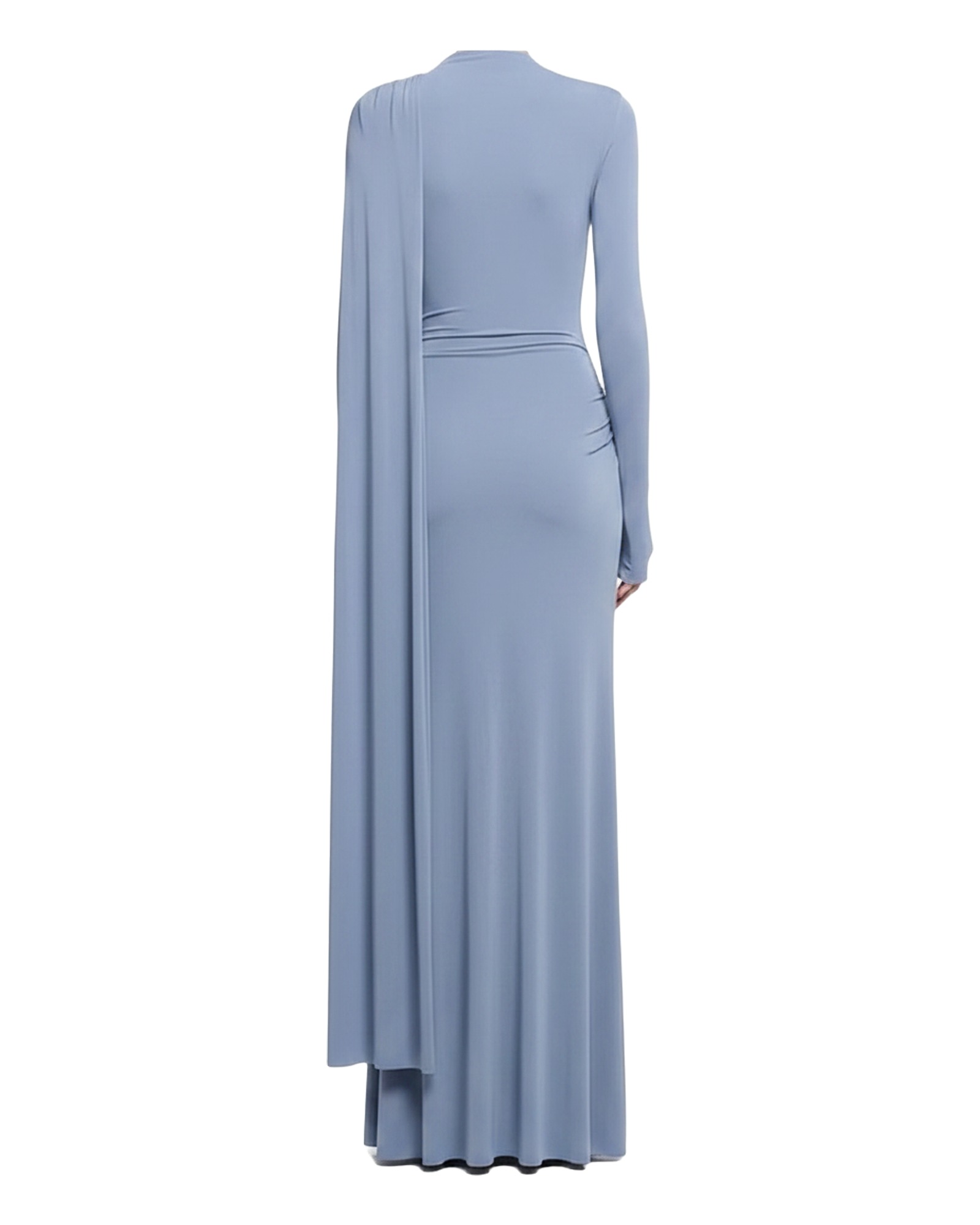 Betske dusty blue slinky ruched jersey maxi dress, back view (AI visualisation)