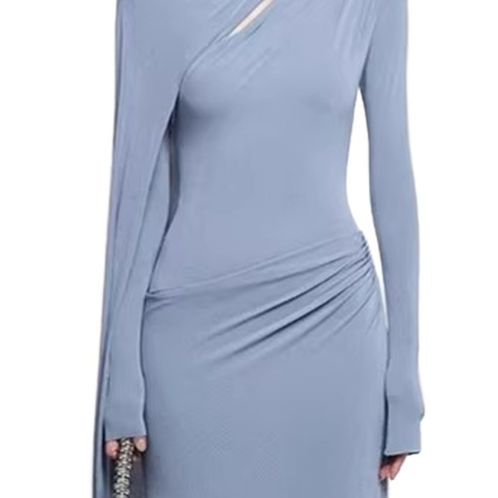 Betske dusty blue slinky ruched jersey maxi dress — fabric detail — product photo