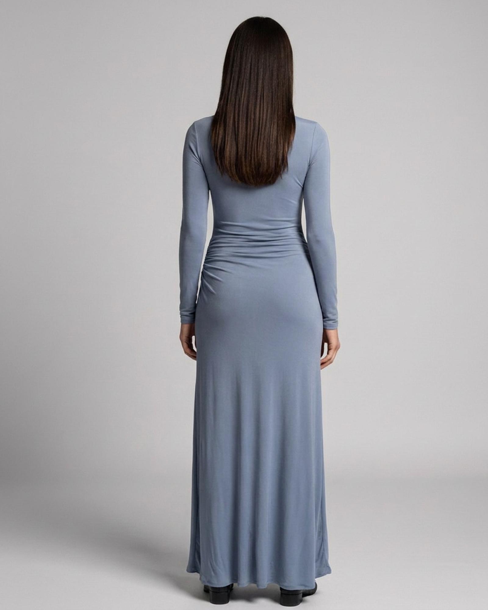 Betske dusty blue ruched jersey maxi dress — model back view (AI visualisation)