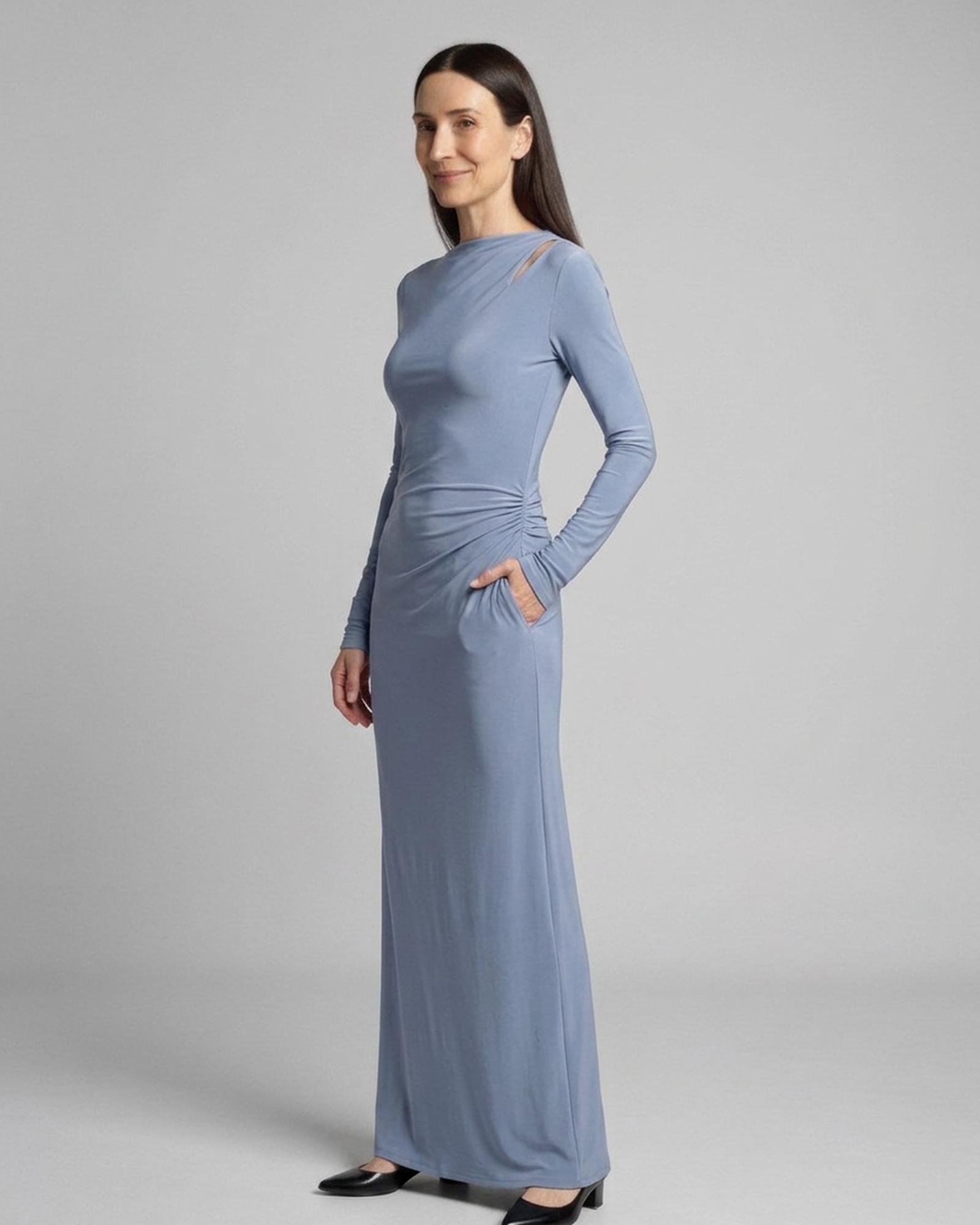 Betske hazy blue jersey column maxi dress with shoulder cut-out, three-quarter view (AI visualisation)
