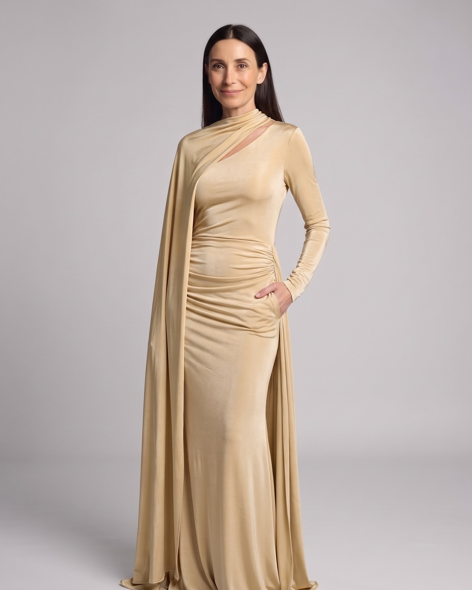 Betske high-neck column maxi dress worn on model, champagne yellow (AI visualisation)