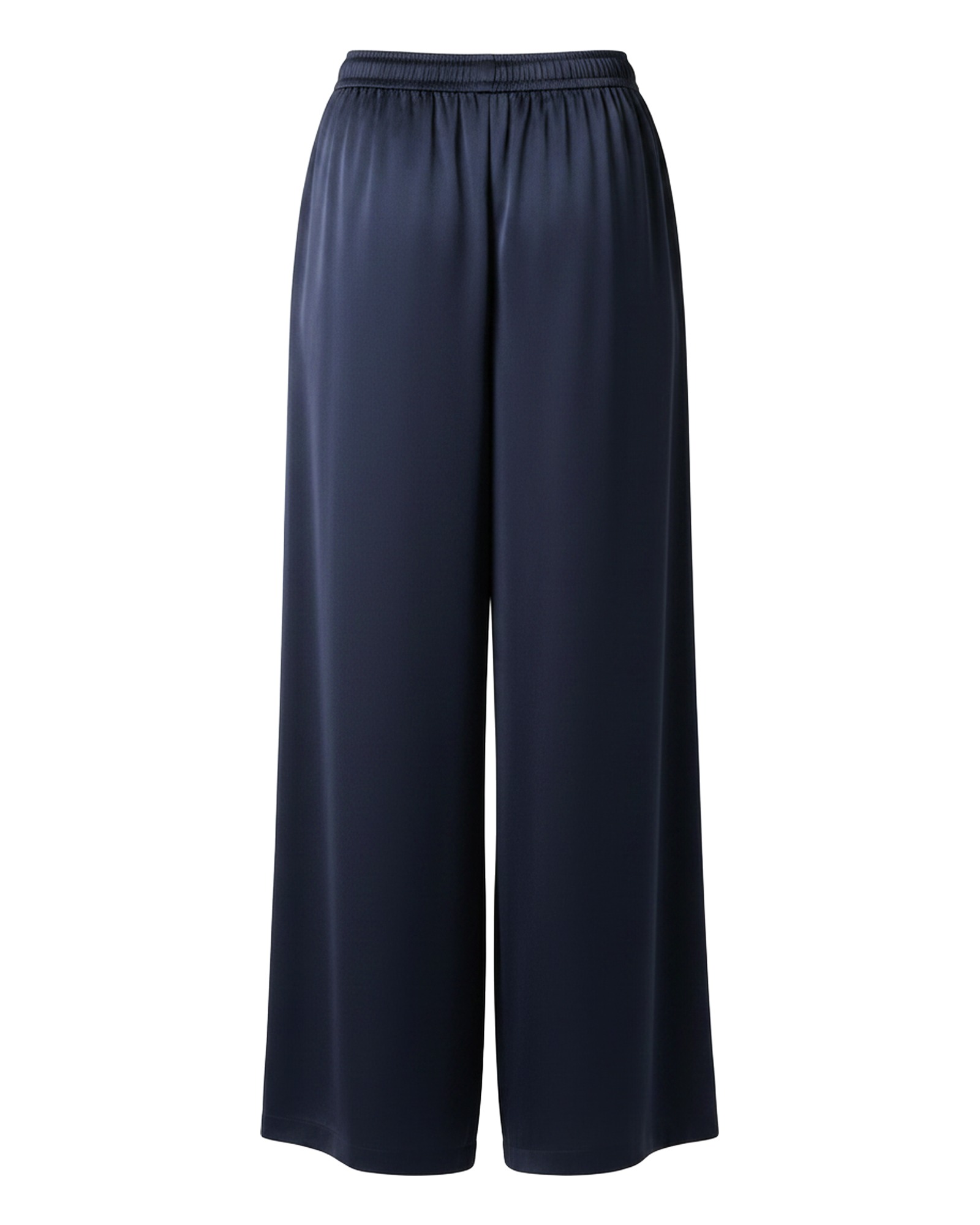 Britt navy blue satin wide-leg palazzo trousers, back view (AI visualisation)