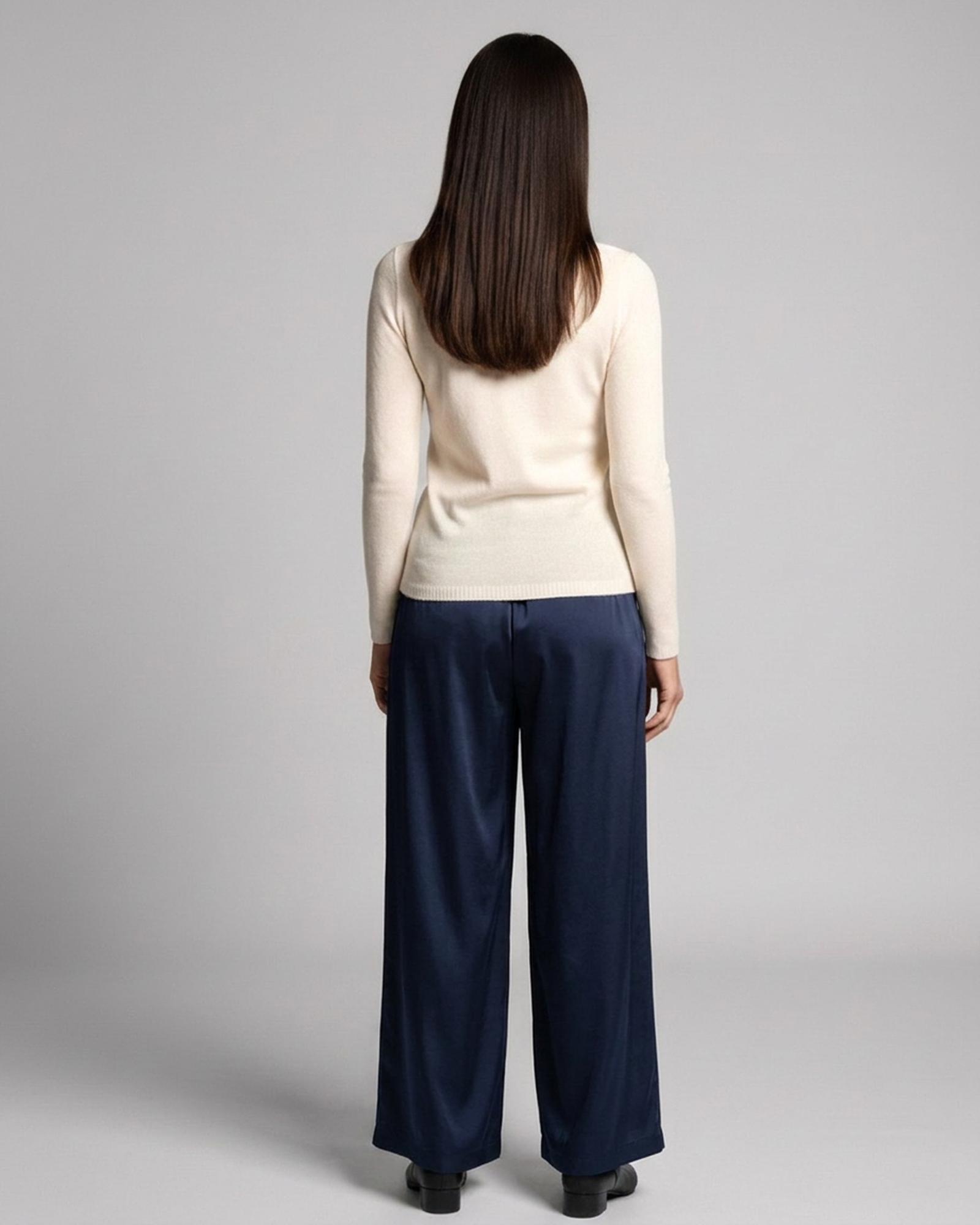 Britt navy blue satin wide-leg palazzo trousers — model back view (AI visualisation)