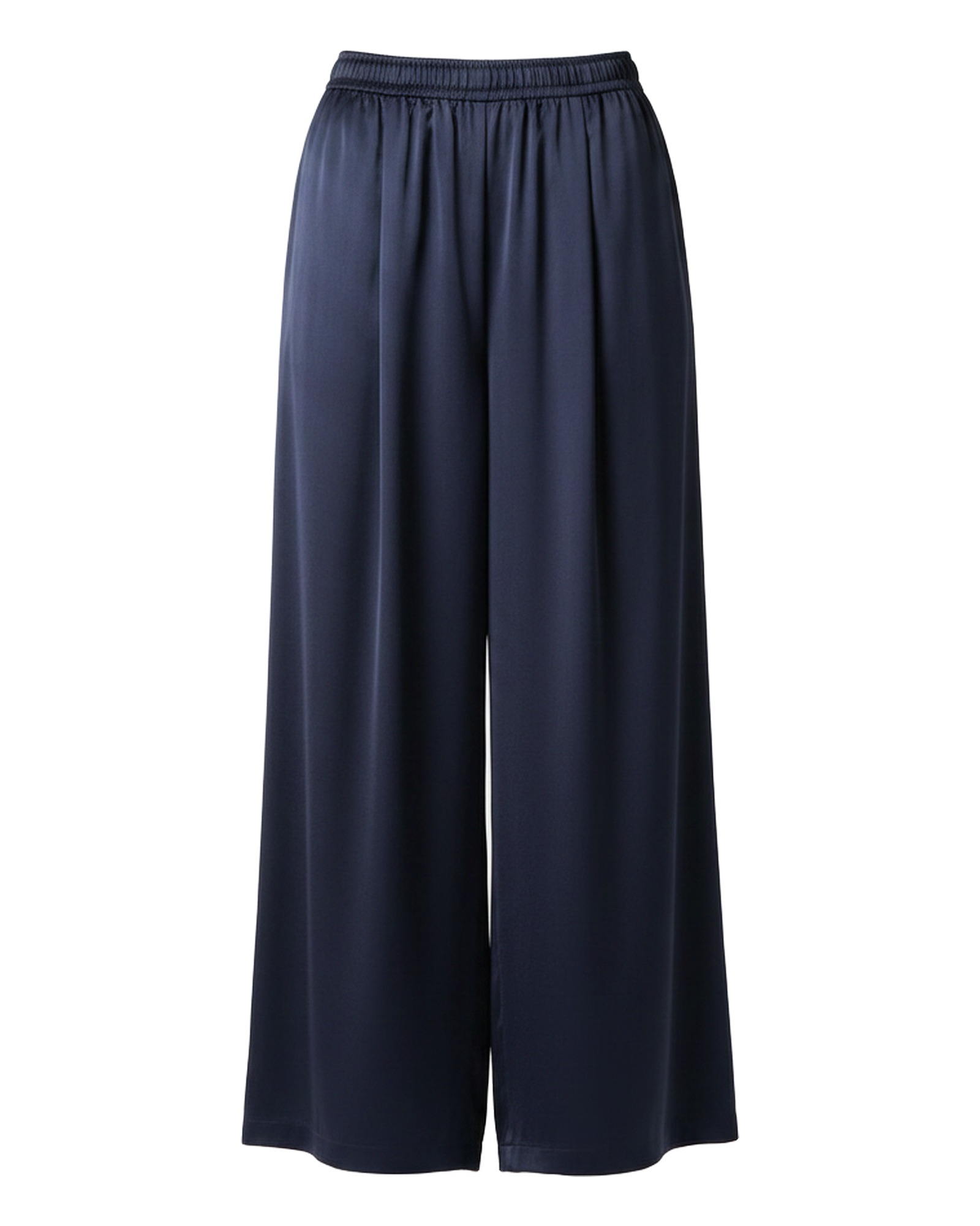 Britt navy blue satin wide-leg palazzo trousers, front view (AI visualisation)