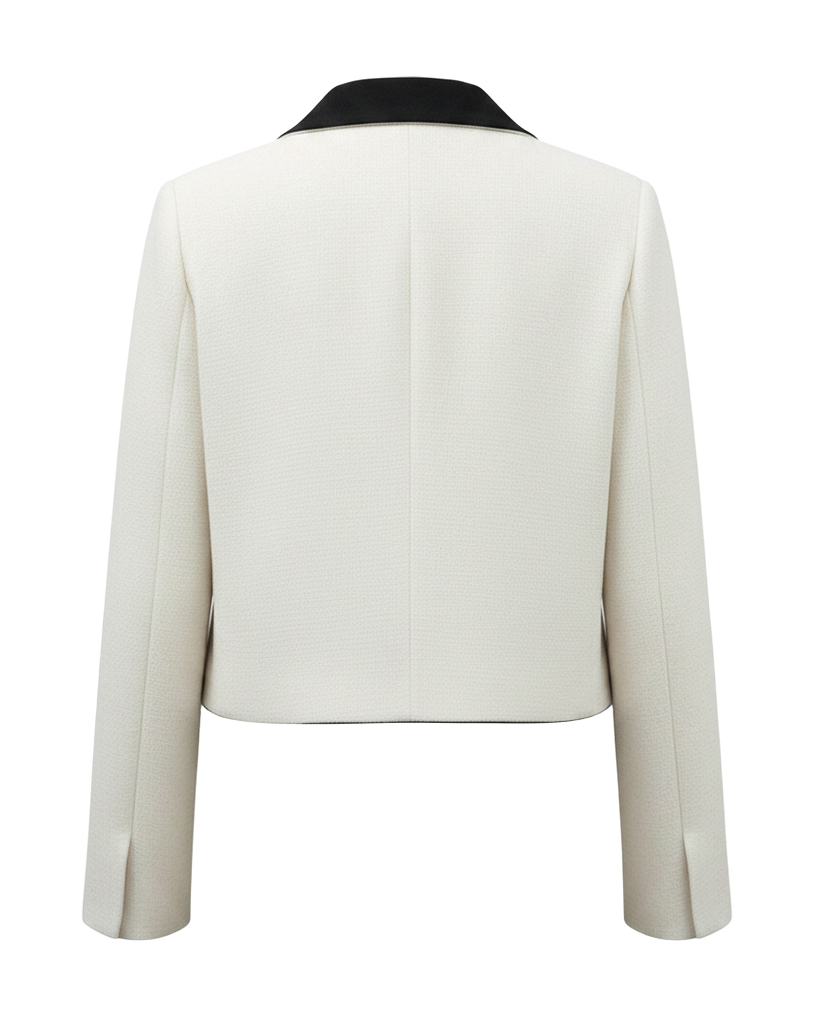 Carlijn cream cropped tweed jacket with black collar, back view (AI visualisation)