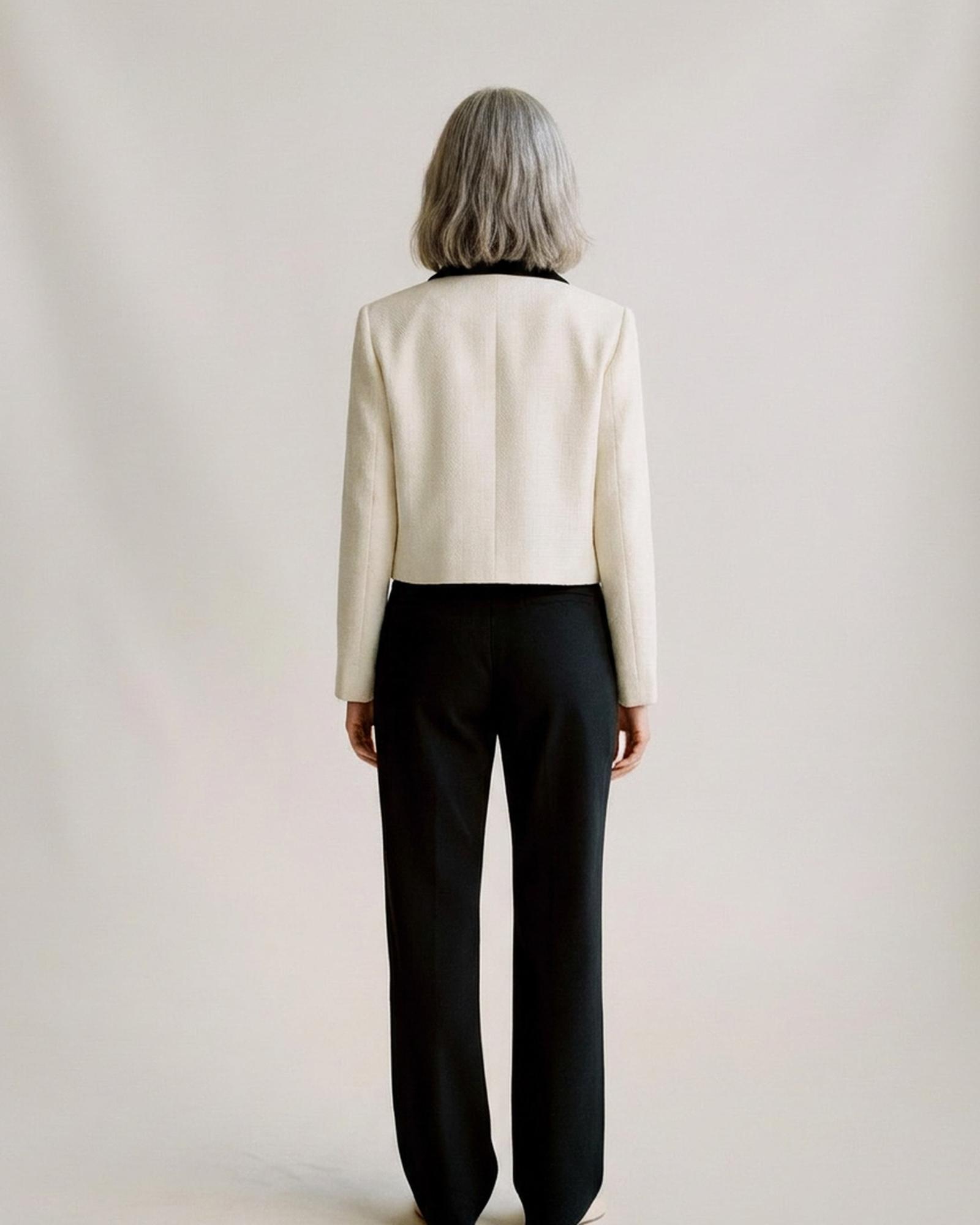 Carlijn cream cropped tweed jacket — model back view (AI visualisation)