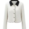 Carlijn cream cropped tweed jacket with black collar and silver buttons, front view (AI visualisation)