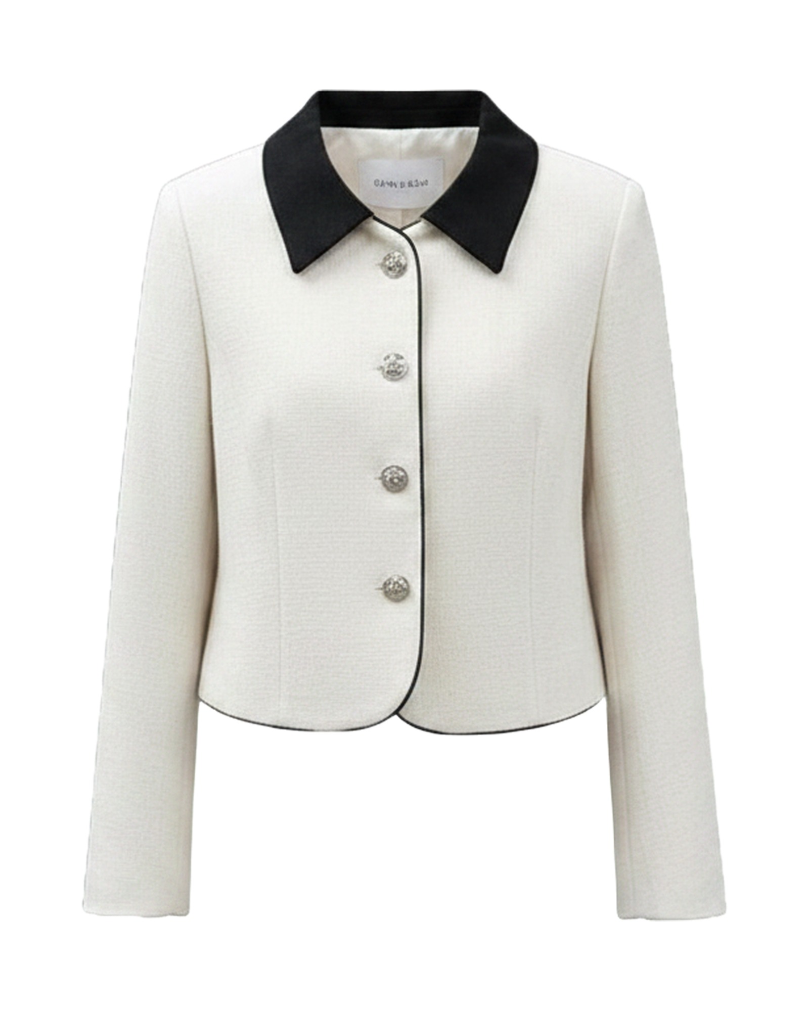 Carlijn cream cropped tweed jacket with black collar and silver buttons, front view (AI visualisation)