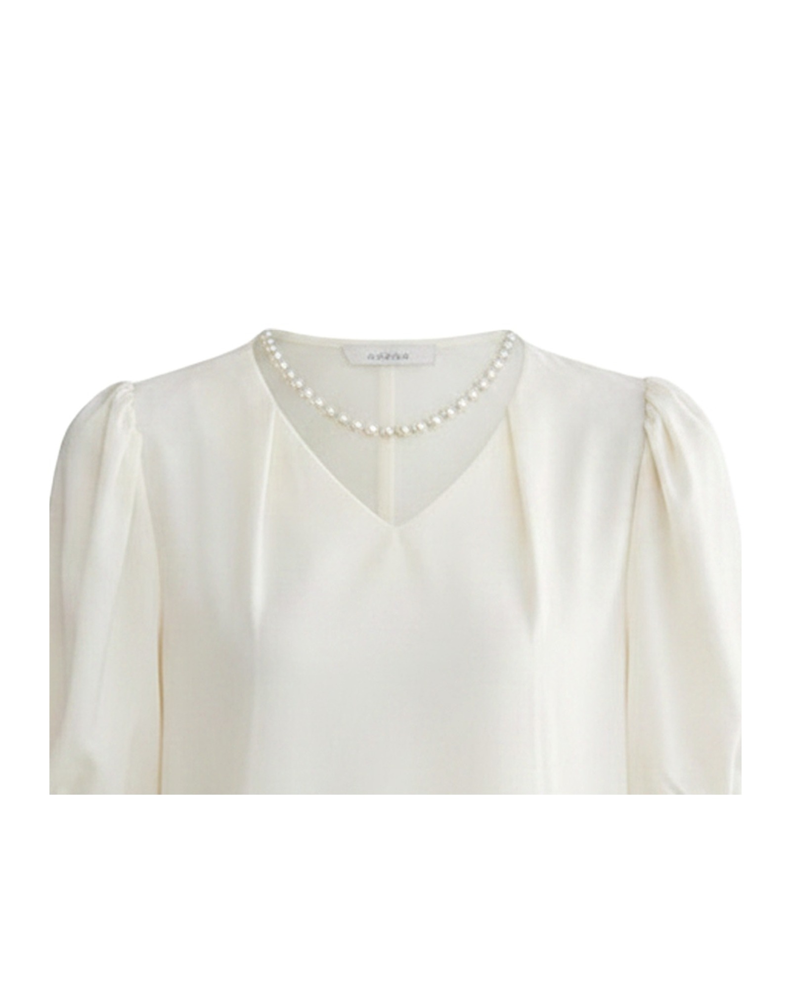 Corinne · Puff-sleeve satin blouse — fabric detail (AI visualisation)
