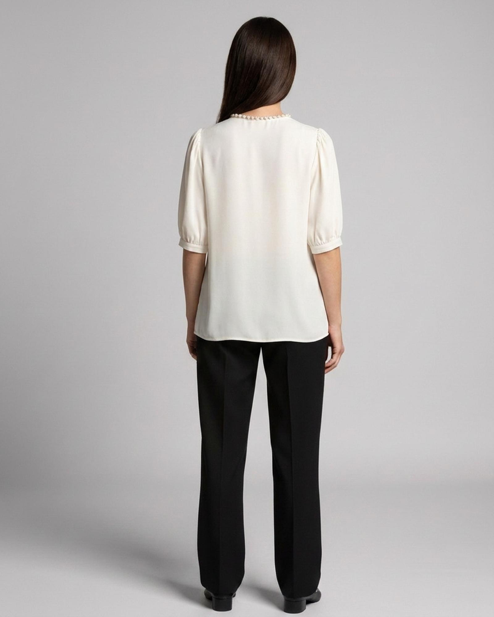 Corinne · Puff-sleeve satin blouse — on model, back (AI visualisation)