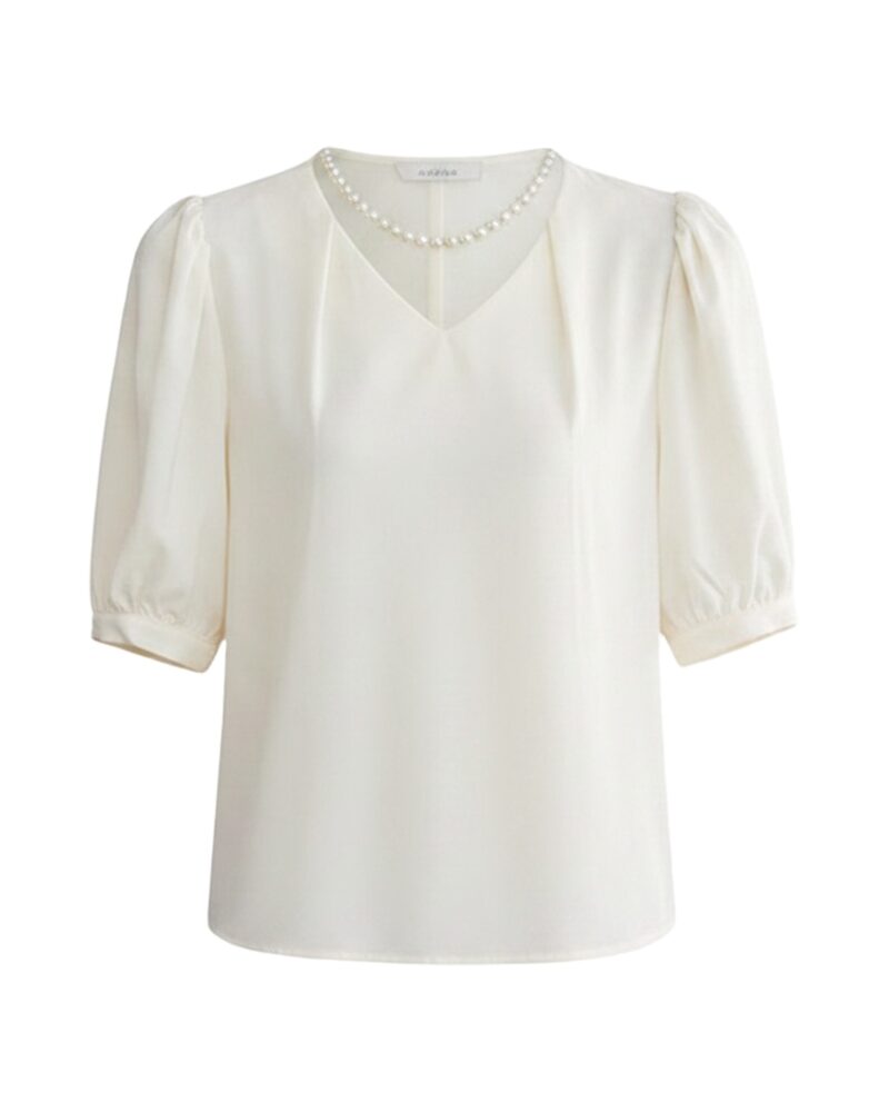 Corinne · Puff-sleeve satin blouse — product front (AI visualisation)
