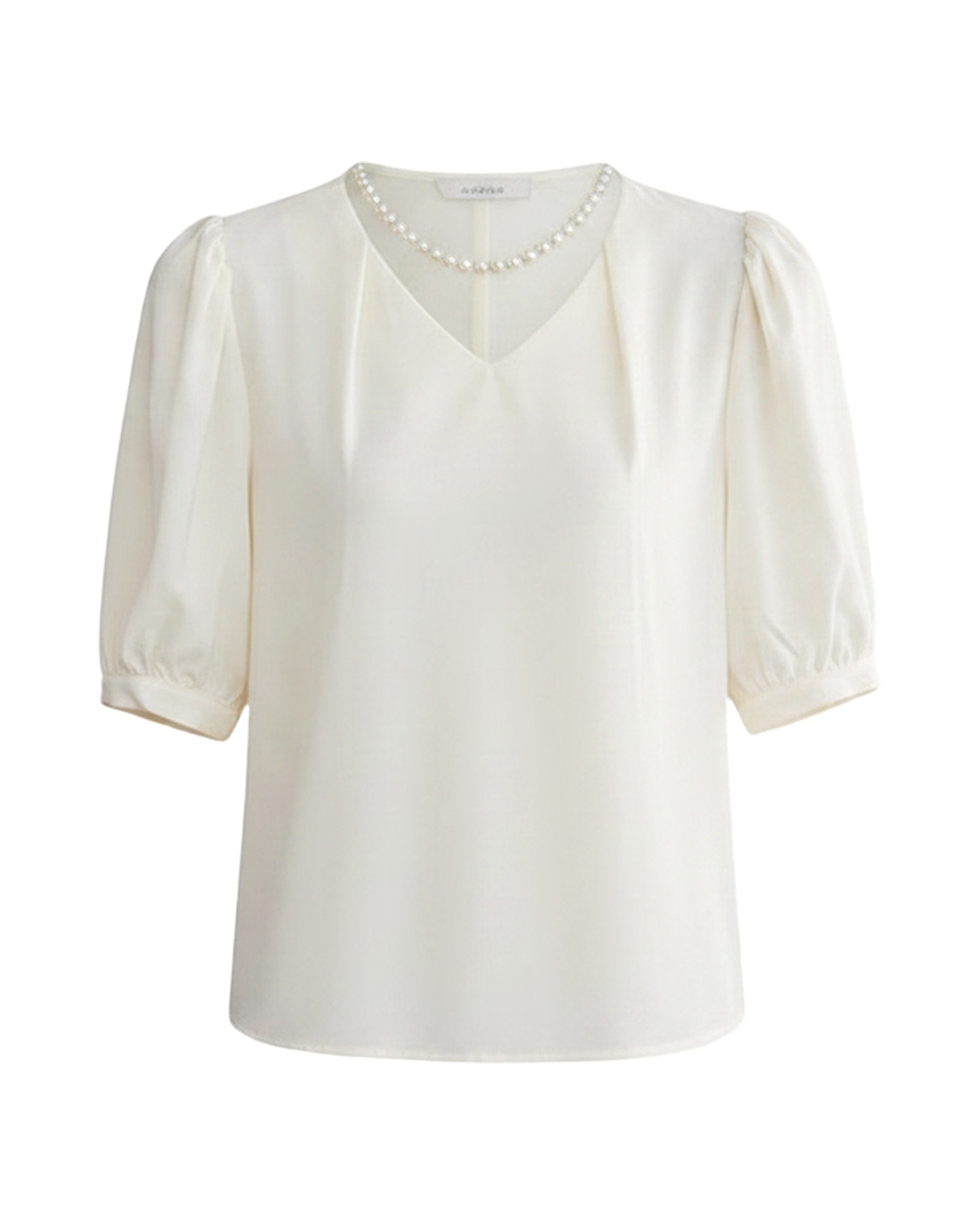 Corinne · Puff-sleeve satin blouse — product front (AI visualisation)