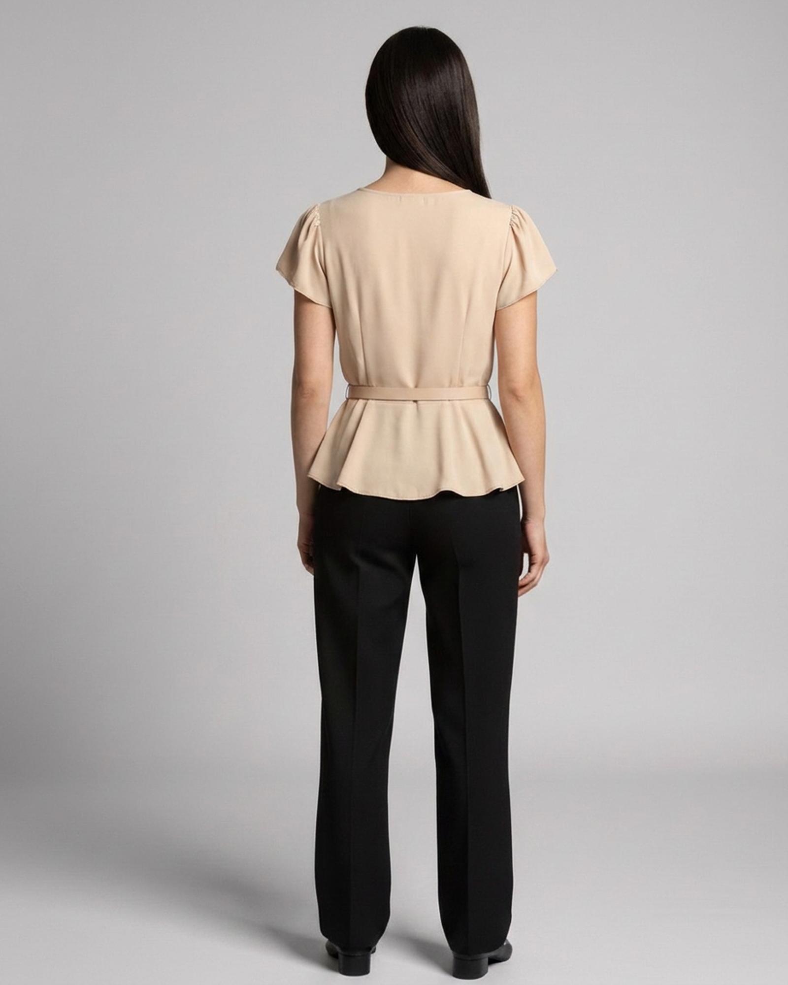 Daphne · V-neck top with waist detail — on model, back (AI visualisation)