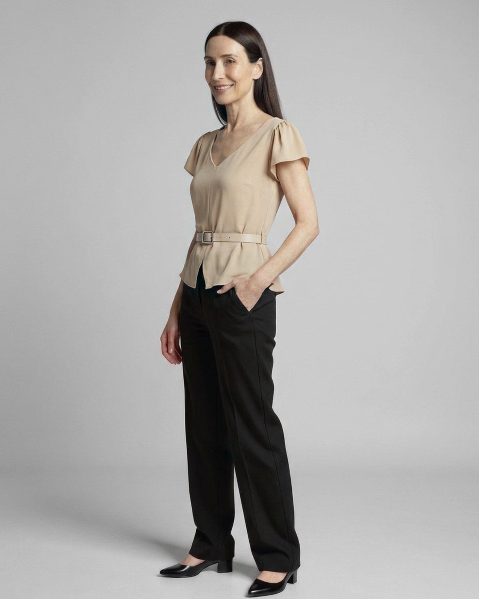Daphne · V-neck top with waist detail — on model, three-quarter (AI visualisation)