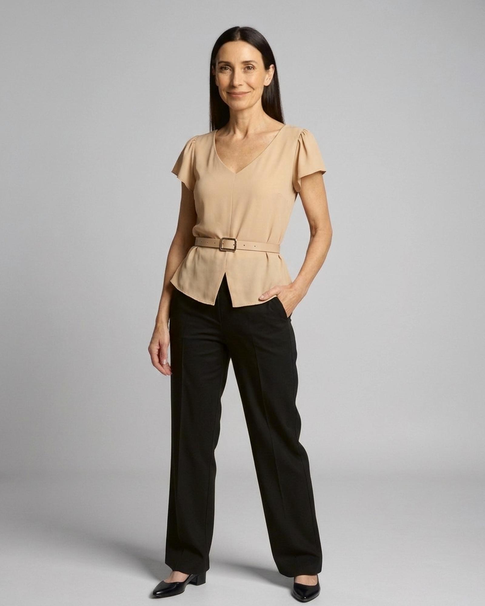 Daphne · V-neck top with waist detail — on model, front (AI visualisation)