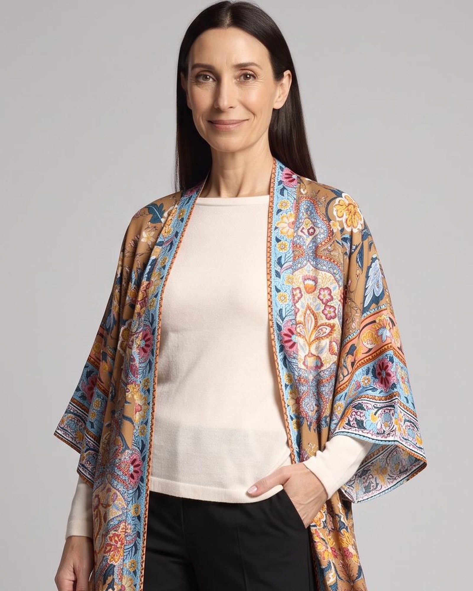 Diede · Bedruckter Kimono-Morgenmantel — Stoffdetail (KI-Visualisierung)
