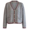 Dina grey knit cardigan with red trim, front view (AI visualisation)