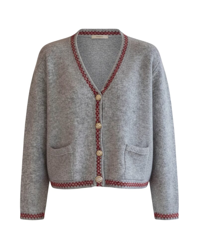 Dina grey knit cardigan with red trim, front view (AI visualisation)