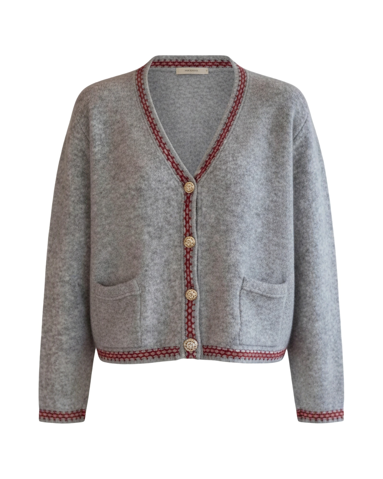 Dina grey knit cardigan with red trim, front view (AI visualisation)