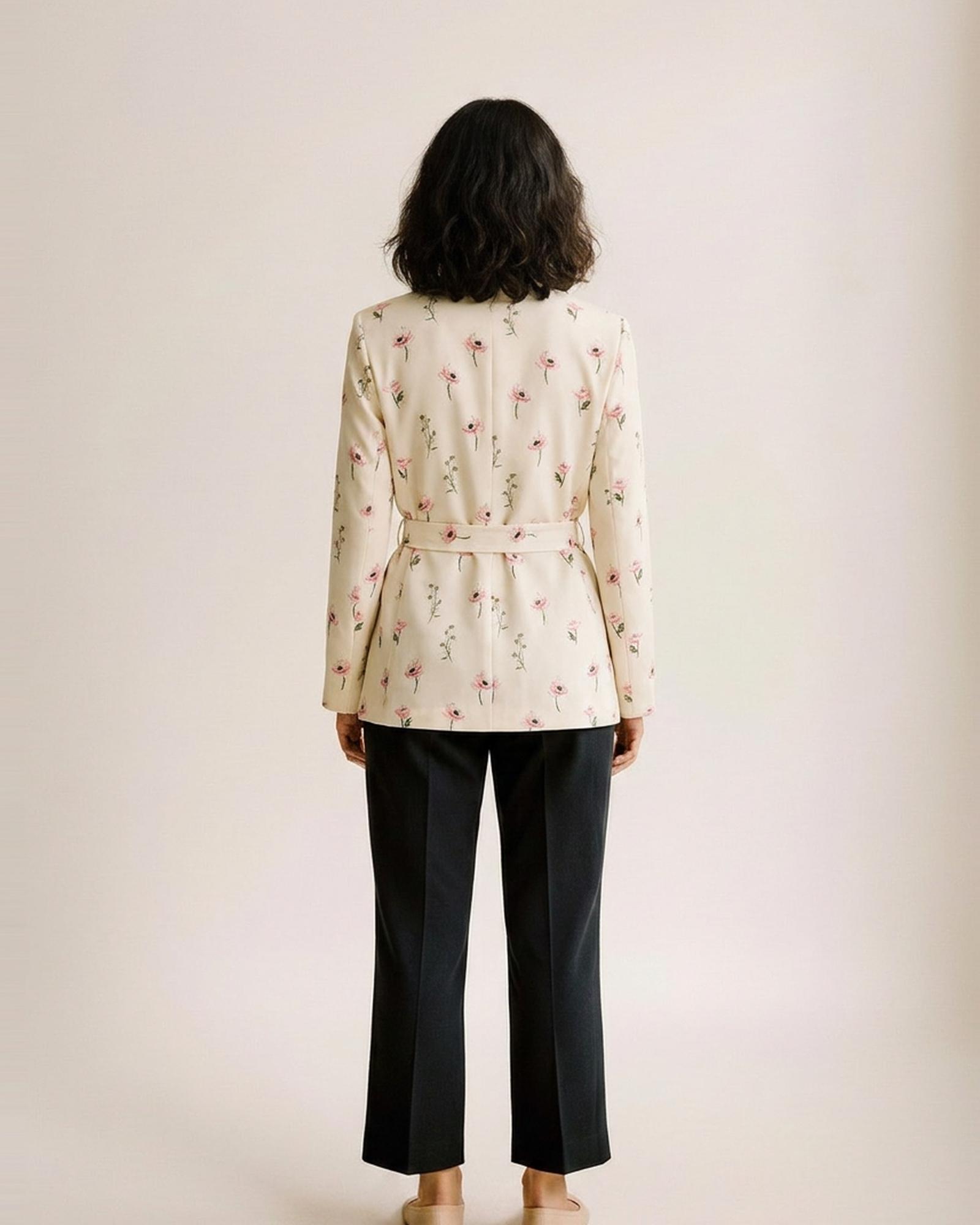 Dorothea printed blazer — model back view (AI visualisation)