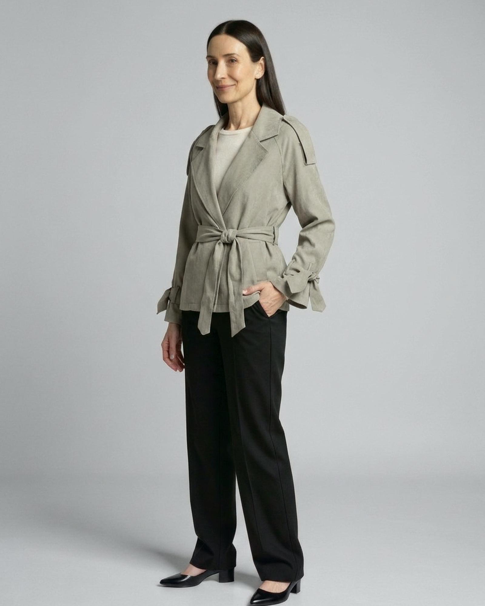 Elin — Faux-suede tie trench (AI visualisation)