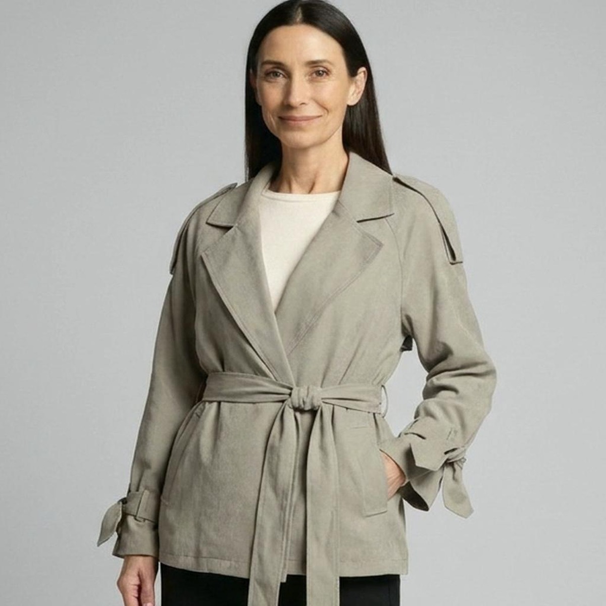 Elin — Faux-suede tie trench (AI visualisation)