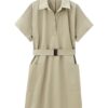 Ellen khaki short-sleeve belted utility shirt dress, front view — product photo