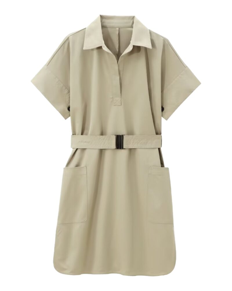 Ellen khaki short-sleeve belted utility shirt dress, front view — product photo